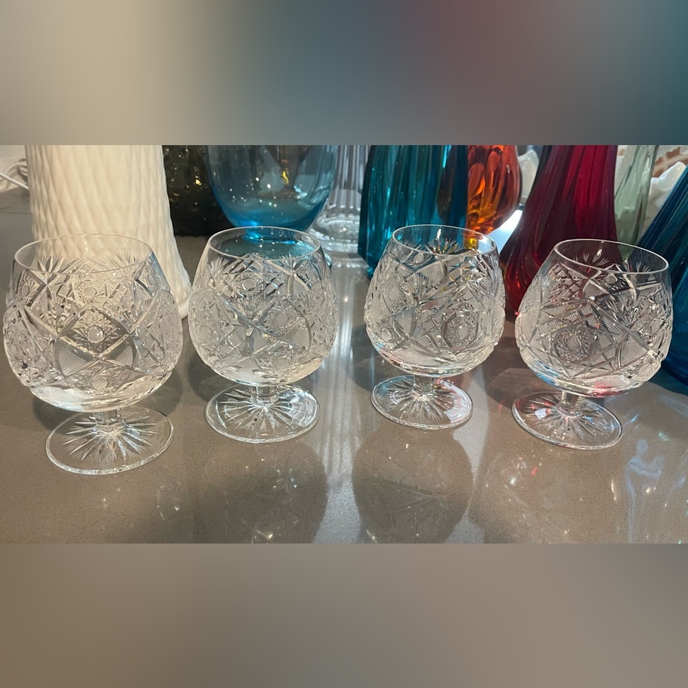 Bohemia Crystal Brandy Snifter Cut Glass Star/ Fan Design Cognac, Set Of 4